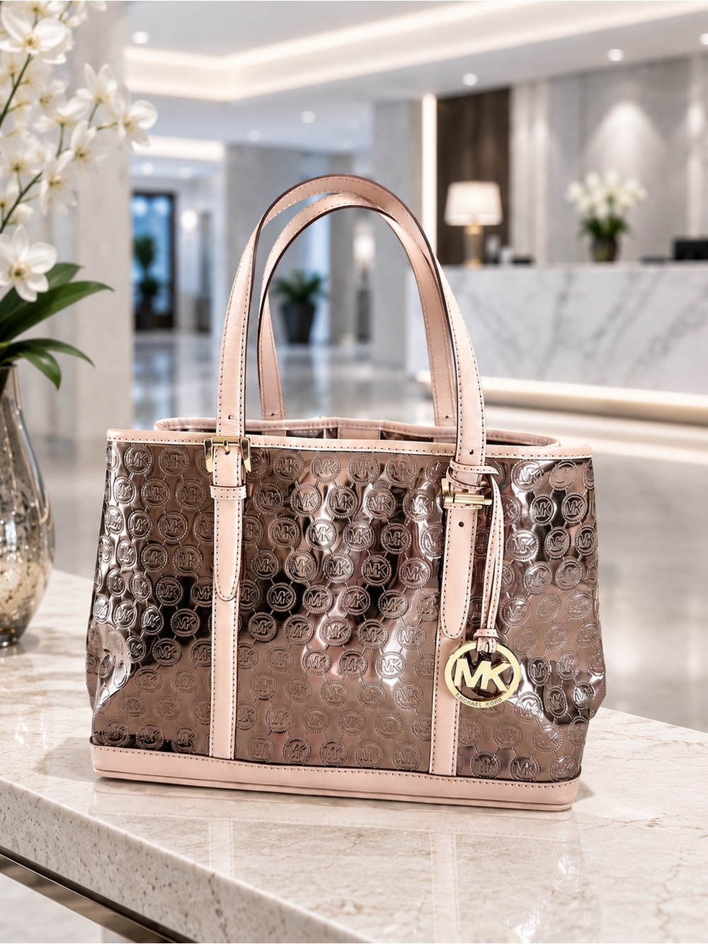 Michael Kors Grayson Cocoa Mirror Metallic Monogram Large Tote Bag